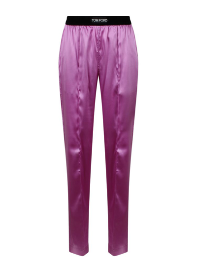 Tom Ford Logo Waistband Satin Trousers In Purple