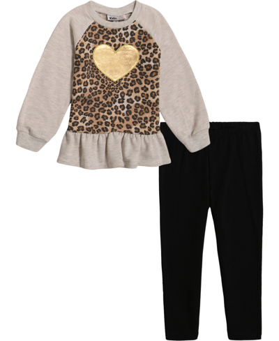 Kids Headquarters Babies' Toddler Girls Leopard Heather Peplum Terry Tunic Top And Solid Leggings Set, 2 Piece In Oatmeal Heather