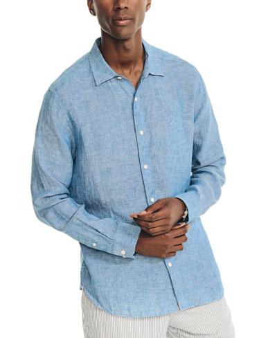 Nautica Men's Classic-fit Long-sleeve Button-up Solid Linen Shirt In Snorkel Blue