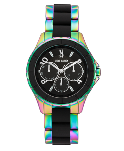 Steve Madden Women's Analog Rainbow Alloy And Black Silicone Center Link Bracelet Watch, 40mm In Rainbow,black