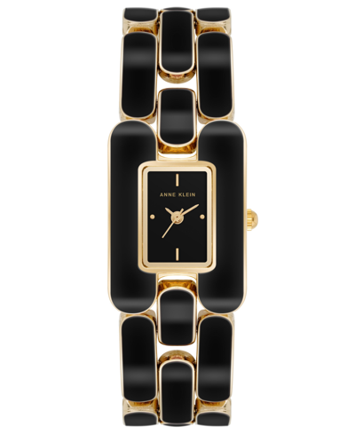 Anne Klein Women's Three Hand Gold-tone Alloy With Black Enamel Watch, 22mm X 32mm In Gold-tone,black