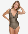 DKNY RUFFLE PLUNGE UNDERWIRE TUMMY CONTROL ONE-PIECE SWIMSUIT, CREATED FOR MACY'S