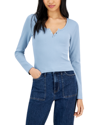 Planet Heart Juniors' Henley Ribbed Seamless Long-sleeve Top In Ashley Blue