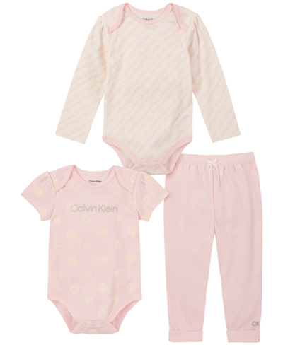 Calvin Klein Baby Girls Two Patterned Logo Bodysuits And Solid Joggers, 3 Piece Set In Pink