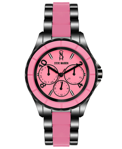 Steve Madden Women's Analog Black Alloy With Pink Silicone Center Link Bracelet Watch, 40mm In Black,pink