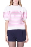 English Factory Women's Stripe Short Puff Sleeve Sweater In White,pink