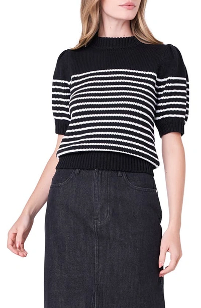 English Factory Women's Stripe Short Puff Sleeve Sweater In Black,white
