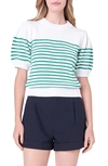 English Factory Women's Stripe Short Puff Sleeve Sweater In White,green