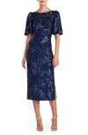 JS COLLECTIONS ADEL SEQUIN LACE COCKTAIL MIDI DRESS
