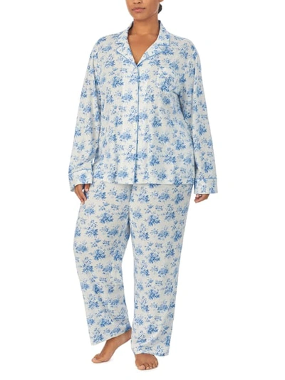 Lauren Ralph Lauren Plus Size Brushed Twill Notch Collar Knit Pajama Set In Blue Floral