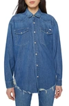 Mother The Western Distressed Denim Overshirt In Blue