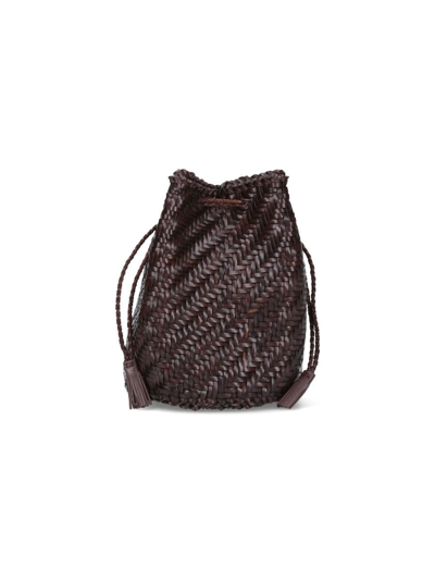 Dragon Diffusion Pompom Doublej Woven Leather Basket Bag In Brown