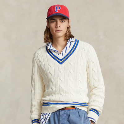 Ralph Lauren The Iconic Cricket Sweater In Cream W/ Royal Stripe