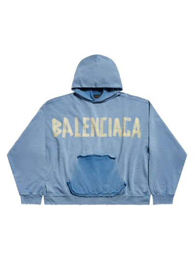 Balenciaga Tape Type Cotton Fleece Hoodie In Faded Blue