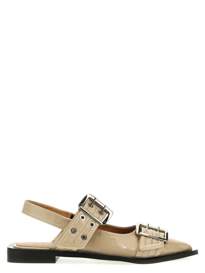 Ganni Wide Belt Buckle Flat Shoes Beige