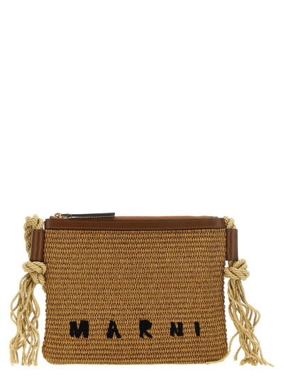 Marni Marcel Woven Logo Shoulder Bag In Brown