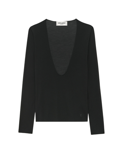 Saint Laurent Sheer Silk V-neck Knit With Textured Sleeves In Black