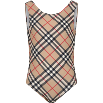 Burberry Kids' Beige Swimsuit For Girl With Iconic Check