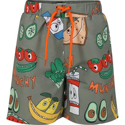 Stella Mccartney Kids' Green Swimsuit For Boy With Fruit And Vegetables Print