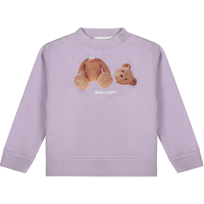 Palm Angels Purple Sweatshirt For Baby Girl With Bear In Violet