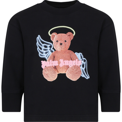 Palm Angels Kids' Black Sweatshirt For Girl With Bear In Black/brown