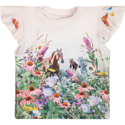 Molo Kids' Ivory Anti Uv T-shirt For Girl With Horses And Flowers Print
