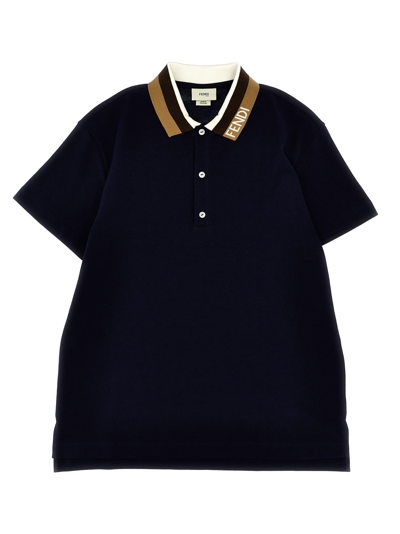 Fendi Kids' Logo Collar Polo Shirt In Blu
