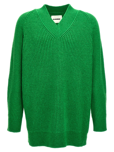 Jil Sander Oversized V Neck Ribbed Knit Sweater In Green