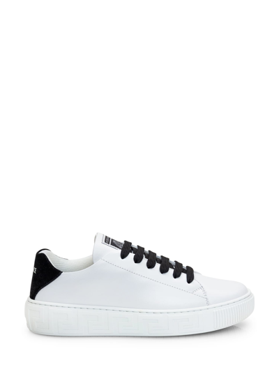 Versace Kids' Greca Leather Sneakers In White-black