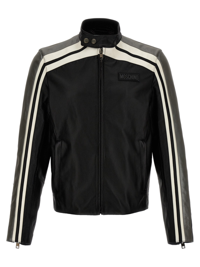 MOSCHINO LEATHER JACKET WITH CONTRASTING BANDS