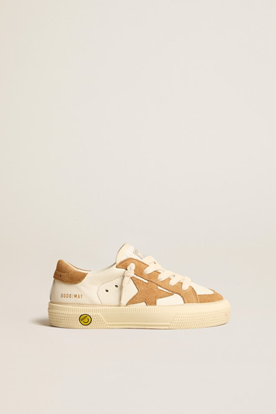 Golden Goose Kids' May Leather Lace-up Sneakers In White,brown