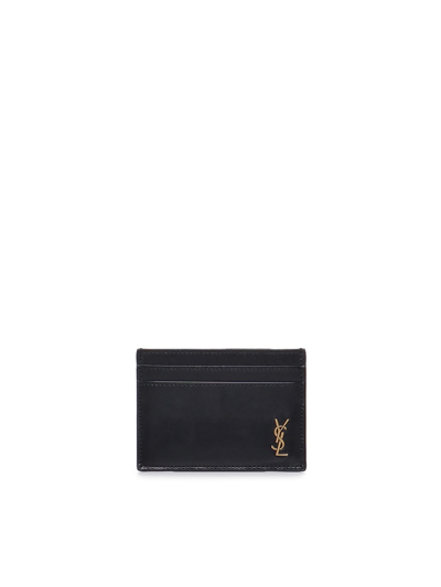 Saint Laurent Tiny Cassandre Small Card Holder In Shiny Leather In Black