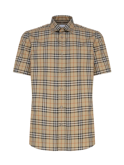 Burberry Vintage Check Stretch Cotton Shirt In Beis