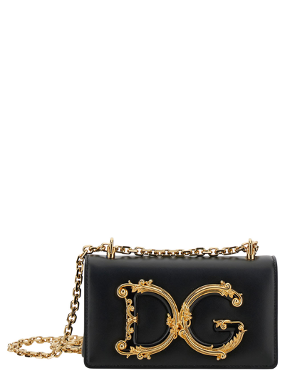 Dolce & Gabbana Dg Girls Black Phone Bag With Chain Strap And Baroque Logo In Leather Woman