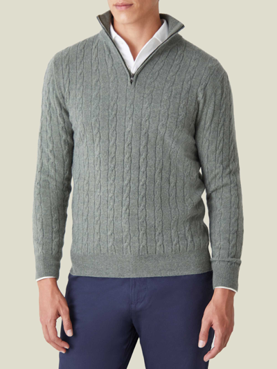 Luca Faloni Moss Green Pure Cashmere Cable Knit Zip-up