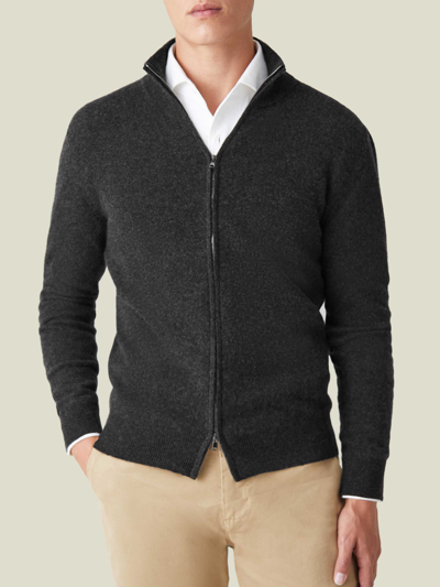 Luca Faloni Charcoal Grey Pure Cashmere Zip Cardigan In Dark Grey