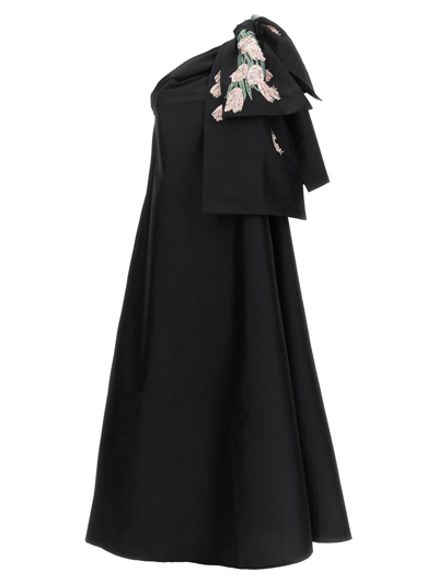 Bernadette Winnie One-shoulder Floral-embroidered Dress With Bow Shoulder In Black