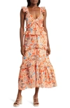 Misa Morrison Sleeveless Floral Poplin Tiered Ruffle Midi Dress In Tangerine Flora