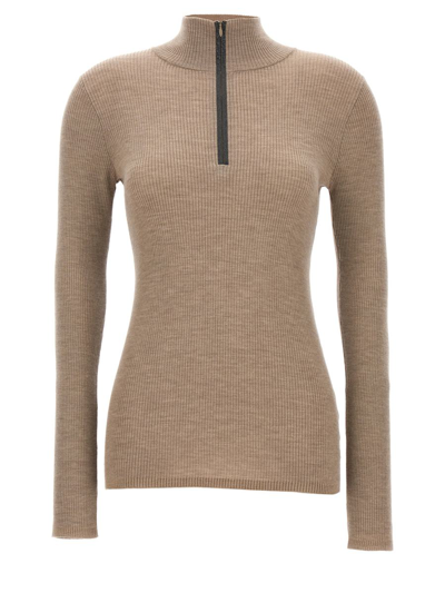 Brunello Cucinelli Lightweight Ribbed Virgin Wool And Cashmere Sweater With Precious Half Zip In Beige