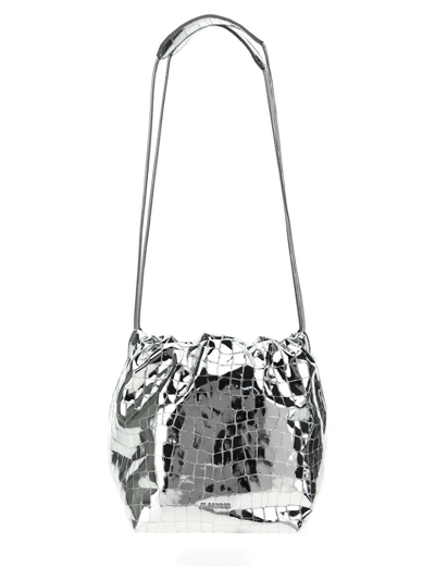 Jil Sander Dumpling Metallic Croc-print Crossbody Bag In Silver