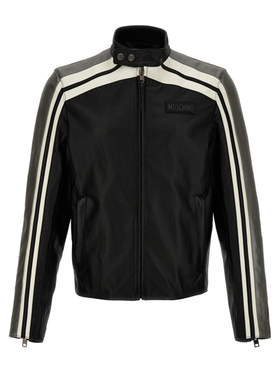 Moschino Leather Jacket With Contrasting Bands Casual Jackets, Parka Black