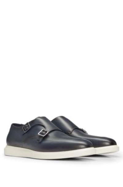Hugo Boss Leather Monk Shoes With Contrast Outsole And Double Strap In Dark Blue