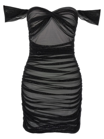 Norma Kamali Walter Off-the-shoulder Ruched-mesh Mini Dress In Black