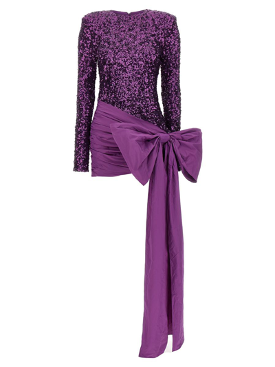 Rotate Birger Christensen Bow Sequin-embellished Mini Dress In Purple