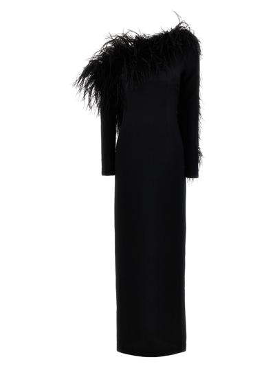 Taller Marmo Garbo Off-the-shoulder Feather-trim Crepe Dress In Black