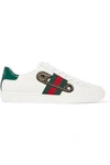 GUCCI ACE WATERSNAKE-TRIMMED EMBELLISHED LEATHER SNEAKERS