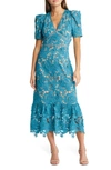 Adelyn Rae Wanda Floral Lace Puff Sleeve Dress In Teal