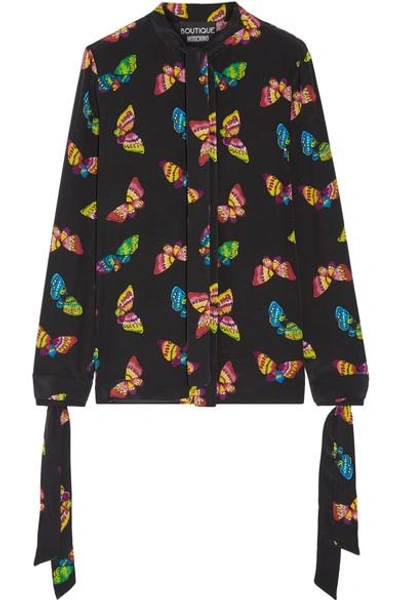 Boutique Moschino Long-sleeve Tie-neck Butterfly-print Silk Blouse In Black