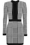 BALMAIN HOUNDSTOOTH MESH-TRIMMED STRETCH-KNIT MINI DRESS