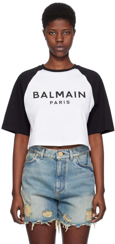 Balmain Logo-print Cropped Cotton T-shirt In White,black